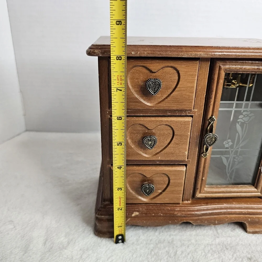 Brown Wood Jewelry Box w/ Glass Door, 3 Drawers, Lined Mirrored Interior